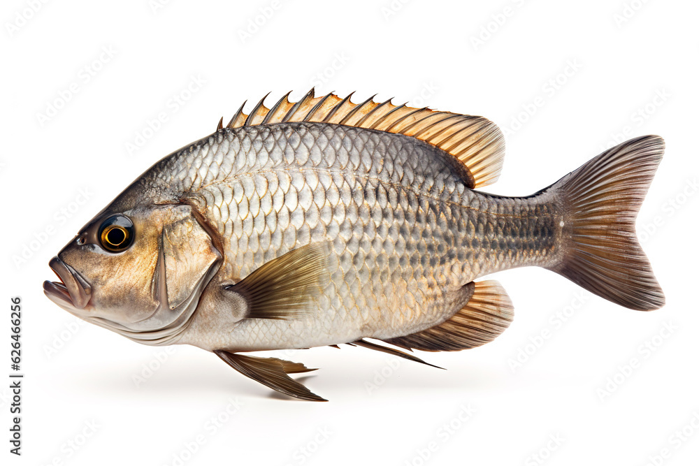 Fototapeta premium Image of tilapia on white background. Fish. Underwater animals. Illustration, Generative AI.