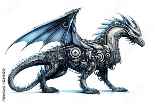 A dragon are made electronic machinery on a white background. Mythical creatures. illustration. Generative AI.