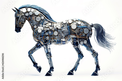 A horse made of electronic machinery on a white background. Wildlife Animals. illustration. Generative AI. © yod67