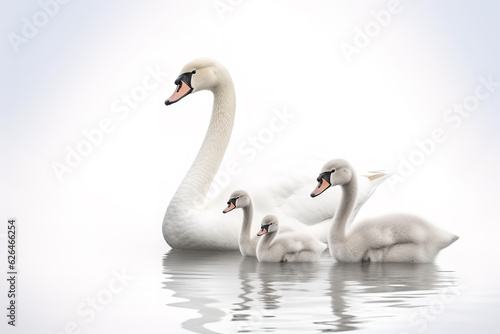 Image of family group of swans on white background. Birds. Wildlife Animals. Illustration, Generative AI.