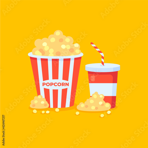 Vector illustration of a basket with popcorn and drink and scattered popcorn. Food for watching a movie in a theater