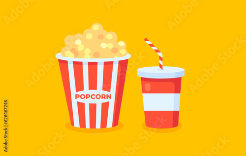 Vector illustration of popcorn with drink. Food for watching a movie in a theater