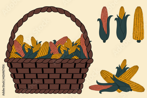 basket with orange and yellow corn heads, mound of corn heads, bright vector illustration