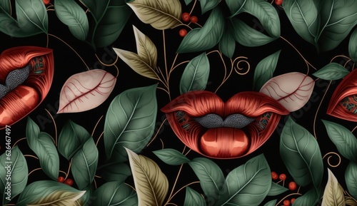 Abstract seamless graphic pattern with lips, butteflies, leaves and vintage flowers. Hand-drawn illustration. Glamorous design. Good for production wallpapers, cloth and fabric, Generative AI