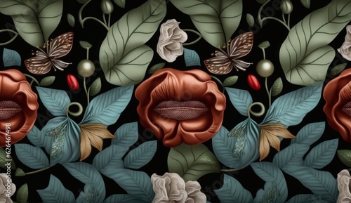Abstract seamless graphic pattern with lips, butteflies, leaves and vintage flowers. Hand-drawn illustration. Glamorous design. Good for production wallpapers, cloth and fabric, Generative AI