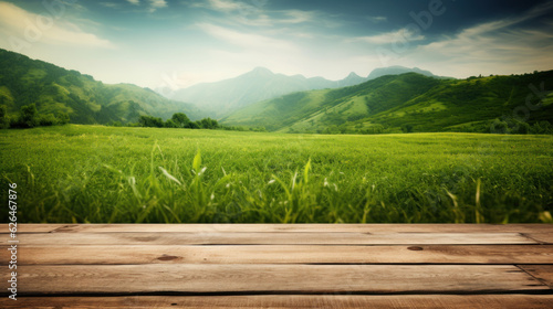 Empty wooden planks blending with the green fields