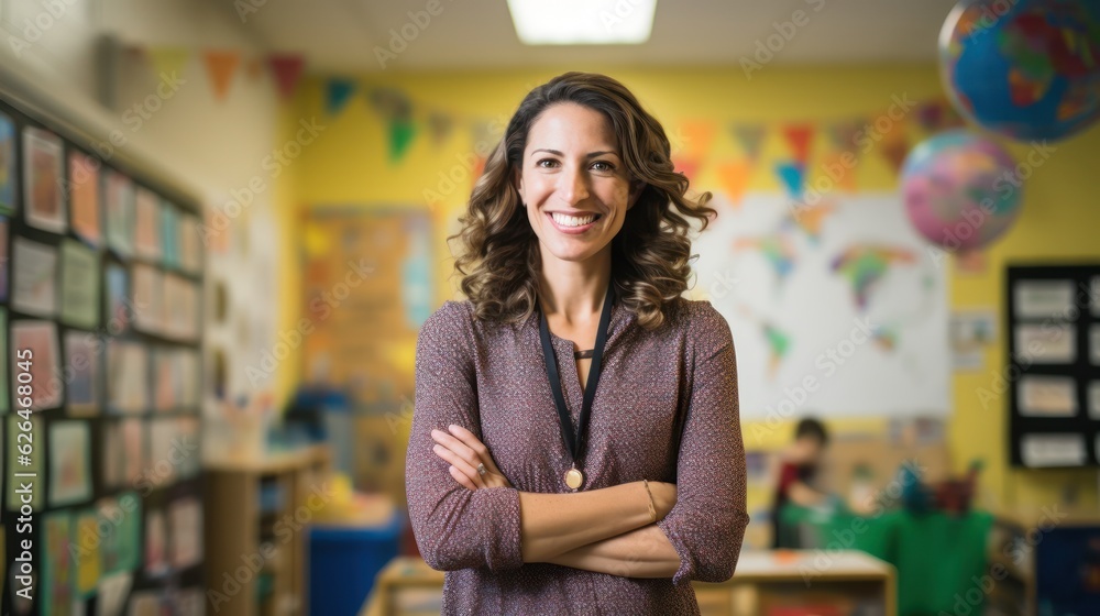 Happy smiling middle aged woman elementary or junior school female teacher standing in the classroom looking at camera. Generative Ai Happy smiling middle aged woman elementary or junior school female teacher standing in the classroom looking at camera. Generative Ai