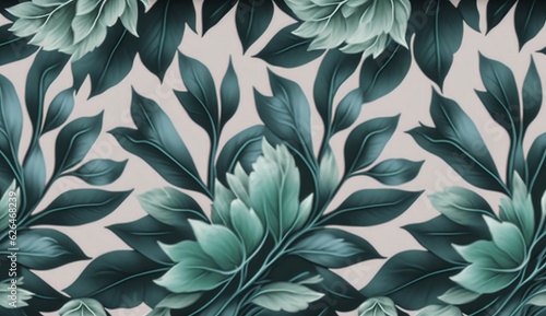 Botanical seamless pattern with vintage graphic mint peony leaves. Hand-drawn illustration. Good for production wallpapers, cloth and fabric printing, Generative AI