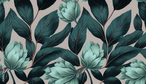 Botanical seamless pattern with vintage graphic mint peony leaves. Hand-drawn illustration. Good for production wallpapers, cloth and fabric printing, Generative AI