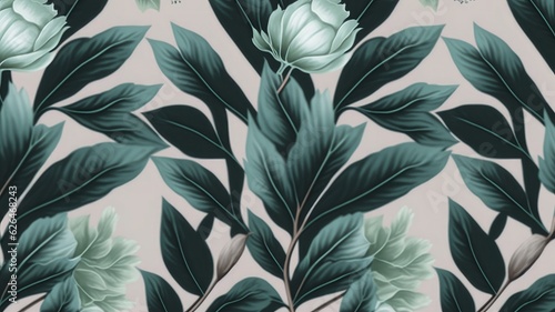 Botanical seamless pattern with vintage graphic mint peony leaves. Hand-drawn illustration. Good for production wallpapers, cloth and fabric printing, Generative AI