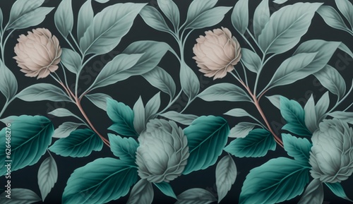 Wallpaper Mural Botanical seamless pattern with vintage graphic mint peony leaves. Hand-drawn illustration. Good for production wallpapers, cloth and fabric printing, Generative AI Torontodigital.ca