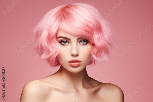 young woman with beautiful pink short hair on pastel pink background