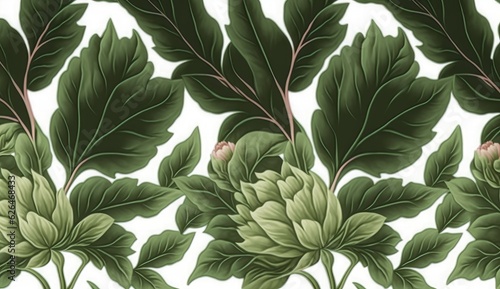 Botanical seamless pattern with vintage graphic green peony leaves. Hand-drawn illustration. Good for production wallpapers, cloth and fabric, Generative AI