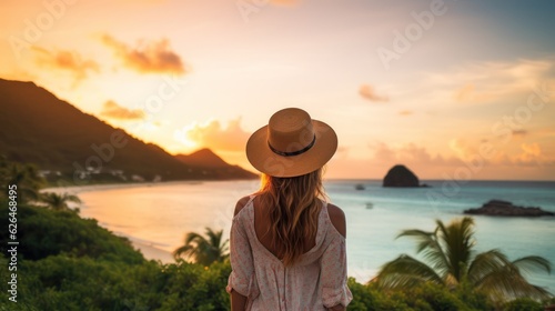 Beautiful young woman  with long brown hair and wear hat watching the golden sunset. Generative Ai.