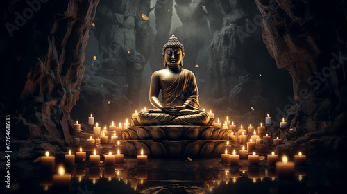 Buddha sitting on candle lotus pose and meditating near burning candles in dark cave concept of religion