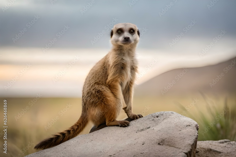 Fototapeta premium meerkat sitting on the rock - Generative AI