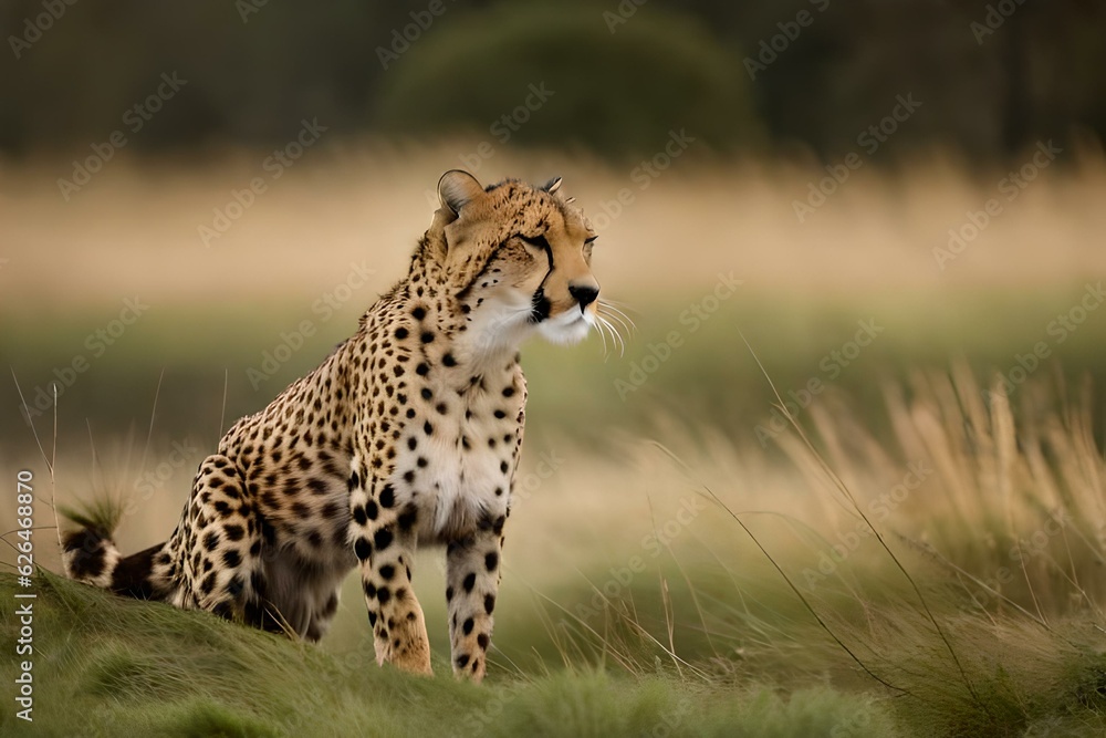 Naklejka premium cheetah in the savannah, ready to prone - Generative AI