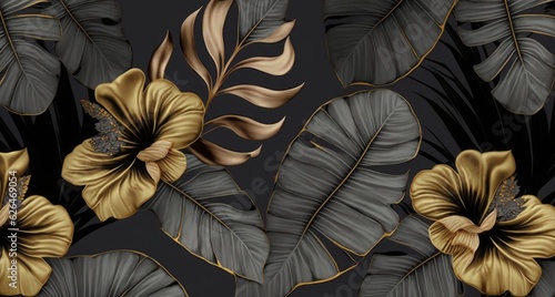 Golden hibiscus flowers, vintage palm, banana leaves on grey background. Tropical seamless pattern. Hand-drawn premium 3D illustration. Glamorous exotic art. Good for luxury wallpapers, Generative AI