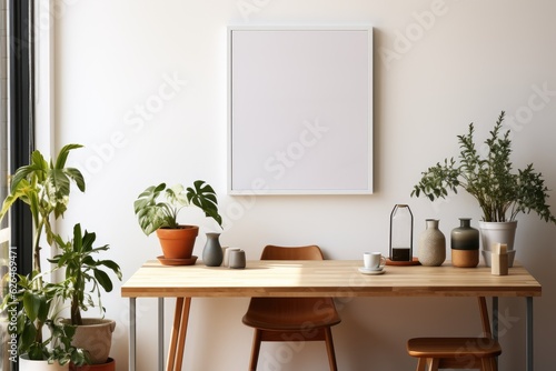 Mockup of a white poster frame. Modern minimalist interior with a beautiful decoration © OGGYA