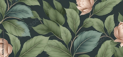 Botanical seamless pattern with vintage graphic peony leaves. Hand-drawn sketchy illustration. Good for production wallpapers, gift paper, cloth, fabric printing, Generative AI