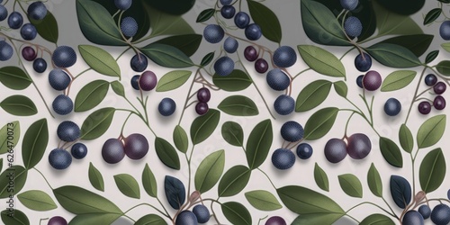 Botanical seamless pattern with vintage graphic blueberries and leaves. Hand-drawn illustration. Light background. Good for production wallpapers, cloth and fabric, Generative AI