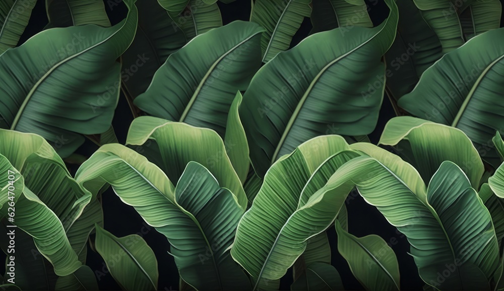 Seamless pattern with beautiful green tropical banana leaves. Hand-drawn vintage 3D illustration. Glamorous exotic abstract background. For luxury wallpapers, cloth, fabric print, goods, Generative AI - obrazy, fototapety, plakaty 