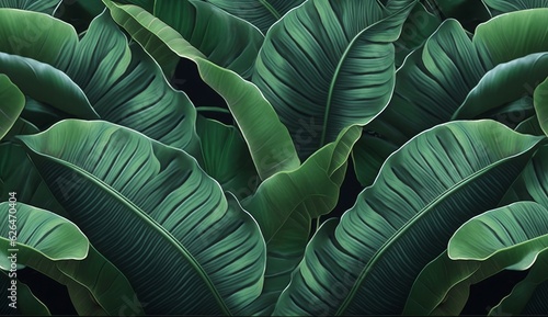 Seamless pattern with beautiful green tropical banana leaves. Hand-drawn vintage 3D illustration. Glamorous exotic abstract background. For luxury wallpapers, cloth, fabric print, goods, Generative AI