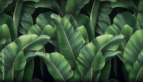 Seamless pattern with beautiful green tropical banana leaves. Hand-drawn vintage 3D illustration. Glamorous exotic abstract background. For luxury wallpapers, cloth, fabric print, goods, Generative AI
