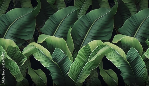 Seamless pattern with beautiful green tropical banana leaves. Hand-drawn vintage 3D illustration. Glamorous exotic abstract background. For luxury wallpapers, cloth, fabric print, goods, Generative AI
