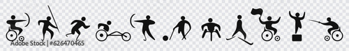 People with disabilities involved in sports. Disabled people go in for sports. Icons of limited people doing various sports games.