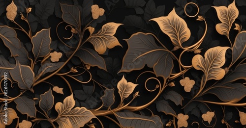 Dark golden vintage ivy leaves, beautiful delicate flowers. Floral seamless pattern. Hand-drawn premium 3D illustration. Glamorous exotic tropical background. Luxury wallpapers, cloth, Generative AI