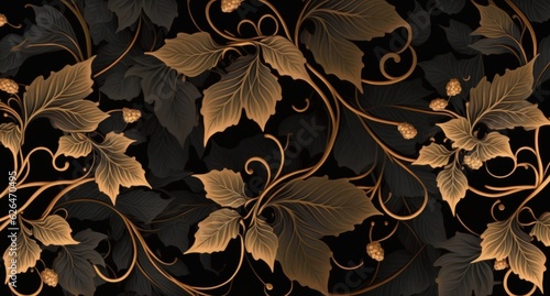 Dark golden vintage ivy leaves, beautiful delicate flowers. Floral seamless pattern. Hand-drawn premium 3D illustration. Glamorous exotic tropical background. Luxury wallpapers, cloth, Generative AI