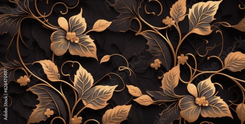 Dark golden vintage ivy leaves, beautiful delicate flowers. Floral seamless pattern. Hand-drawn premium 3D illustration. Glamorous exotic tropical background. Luxury wallpapers, cloth, Generative AI