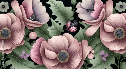 Pink anemone flowers, butterflies, green leaves. Floral background, seamless pattern. Hand-painted watercolor vintage 3d illustration. Dark abstract background. Luxury wallpaper, cloth, Generative AI