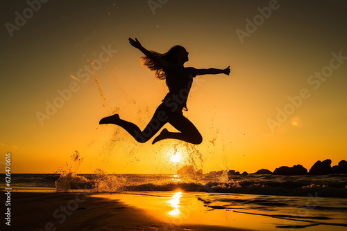 Generative AI   Silhouette of a woman jumping on the beach with the sea in the background isolated on black background