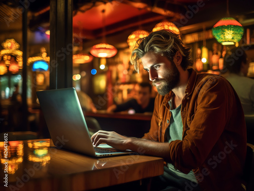 Generative AI : Single serious and concentrated student elearning on line sitting in a bar