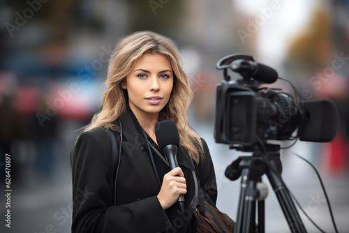 Generative AI : Single presenter woman pointing at side outdoors in the street © AI Images