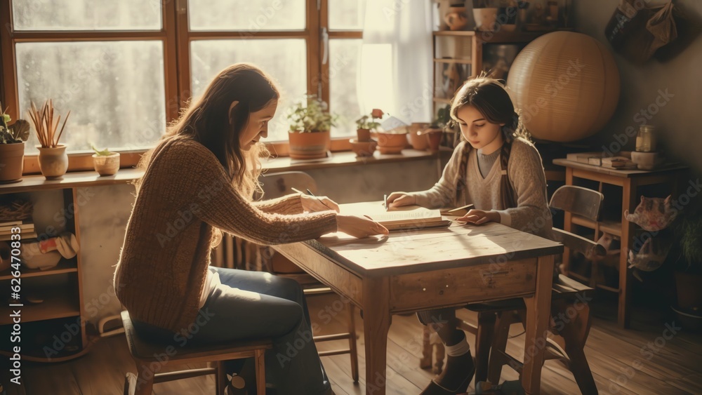 Generative AI : Student helping her frustrated friend to learn a difficult lesson on a table at home Generative AI : Student helping her frustrated friend to learn a difficult lesson on a table at home