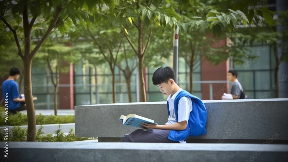 Generative AI : Student learning reading notes sitting in a bench in a park