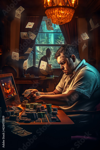 Generative AI : Stressed compulsive gambler gambling on line sitting on a sofa at home
