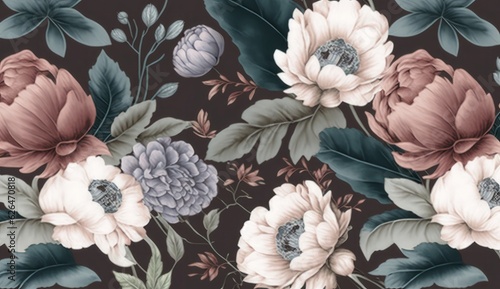 Floral seamless graphic pattern with vintage peonies, hydrangea, anemone, leaves and other flowers. Hand-drawn. Glamorous design. Good for production wallpapers, cloth and fabric, Generative AI