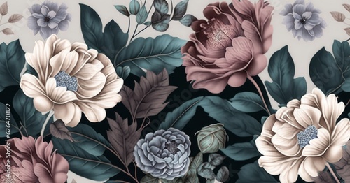 Floral seamless graphic pattern with vintage peonies, hydrangea, anemone, leaves and other flowers. Hand-drawn. Glamorous design. Good for production wallpapers, cloth and fabric, Generative AI