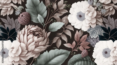 Floral seamless graphic pattern with vintage peonies, hydrangea, anemone, leaves and other flowers. Hand-drawn. Glamorous design. Good for production wallpapers, cloth and fabric, Generative AI