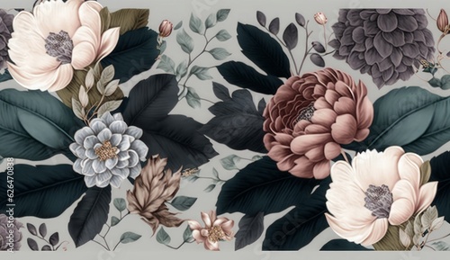 Floral seamless graphic pattern with vintage peonies, hydrangea, anemone, leaves and other flowers. Hand-drawn. Glamorous design. Good for production wallpapers, cloth and fabric, Generative AI