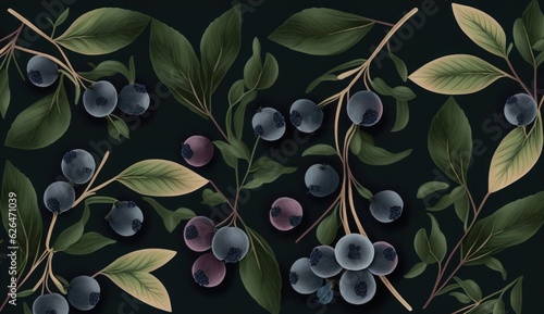Botanical seamless pattern with vintage graphic blueberries and leaves. Hand-drawn illustration. Dark background. Good for production wallpapers, cloth and fabric, Generative AI