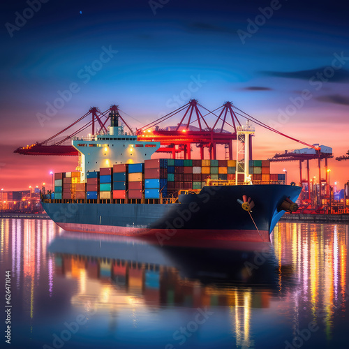 Container Cargo freight ship with working crane bridge at dusk for Logistic Import Export background. created by generative AI technology.