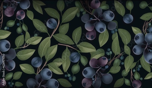 Botanical seamless pattern with vintage graphic blueberries and leaves. Hand-drawn illustration. Dark background. Good for production wallpapers, cloth and fabric, Generative AI