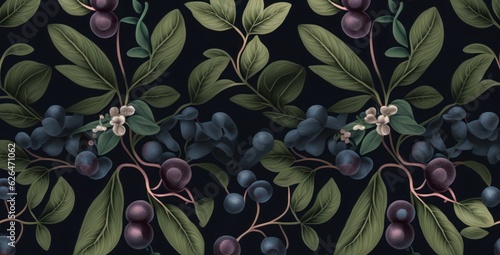 Botanical seamless pattern with vintage graphic blueberries and leaves. Hand-drawn illustration. Dark background. Good for production wallpapers, cloth and fabric, Generative AI
