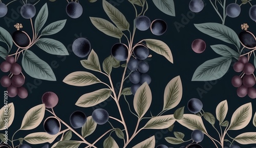 Botanical seamless pattern with vintage graphic blueberries and leaves. Hand-drawn illustration. Dark background. Good for production wallpapers, cloth and fabric, Generative AI