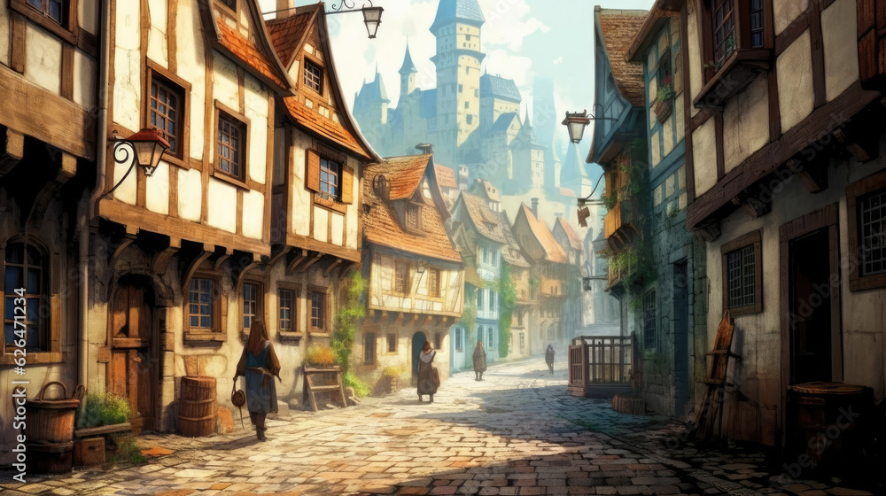 An illustration of a german middleage village with half-timbered houses and cobblestones.